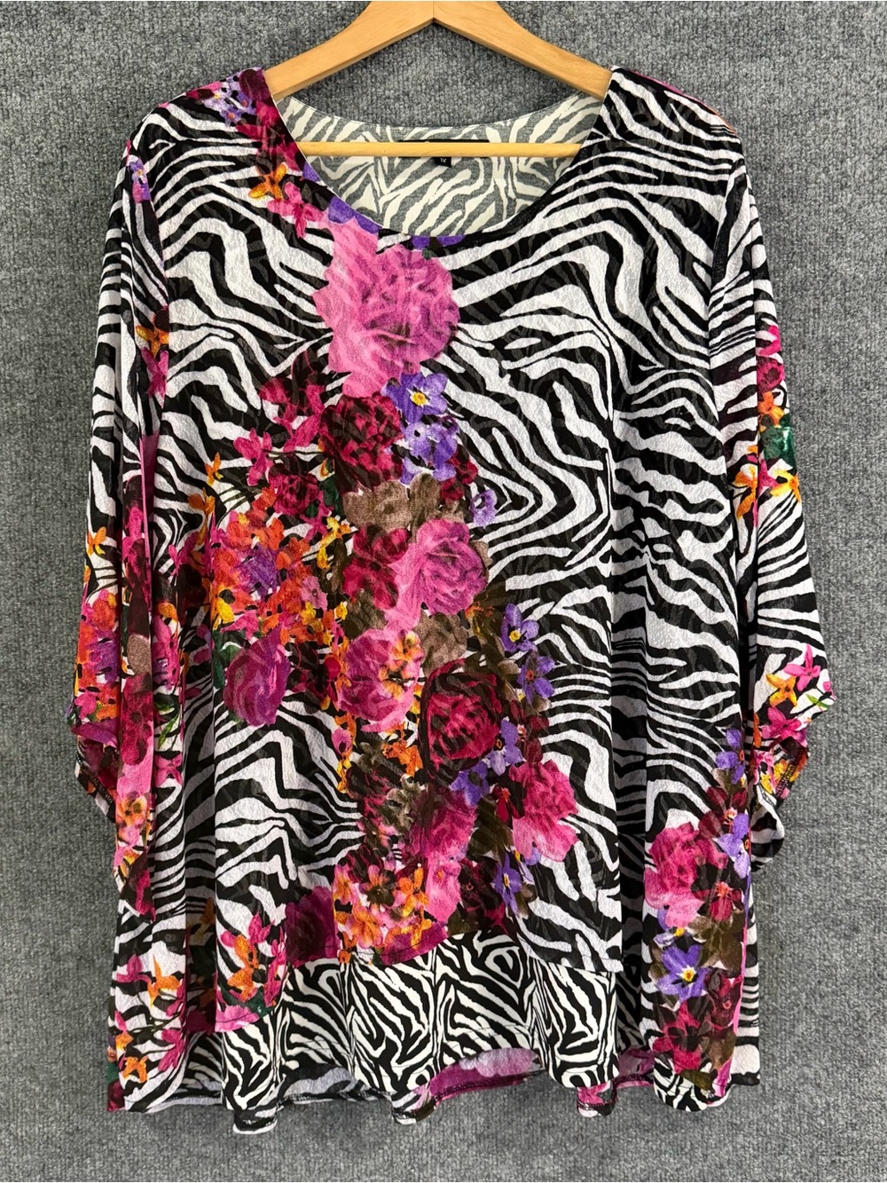 Calessa Womens 1X Floral Animal Print Layered Top 3/4 Sleeve Multicolor Artsy